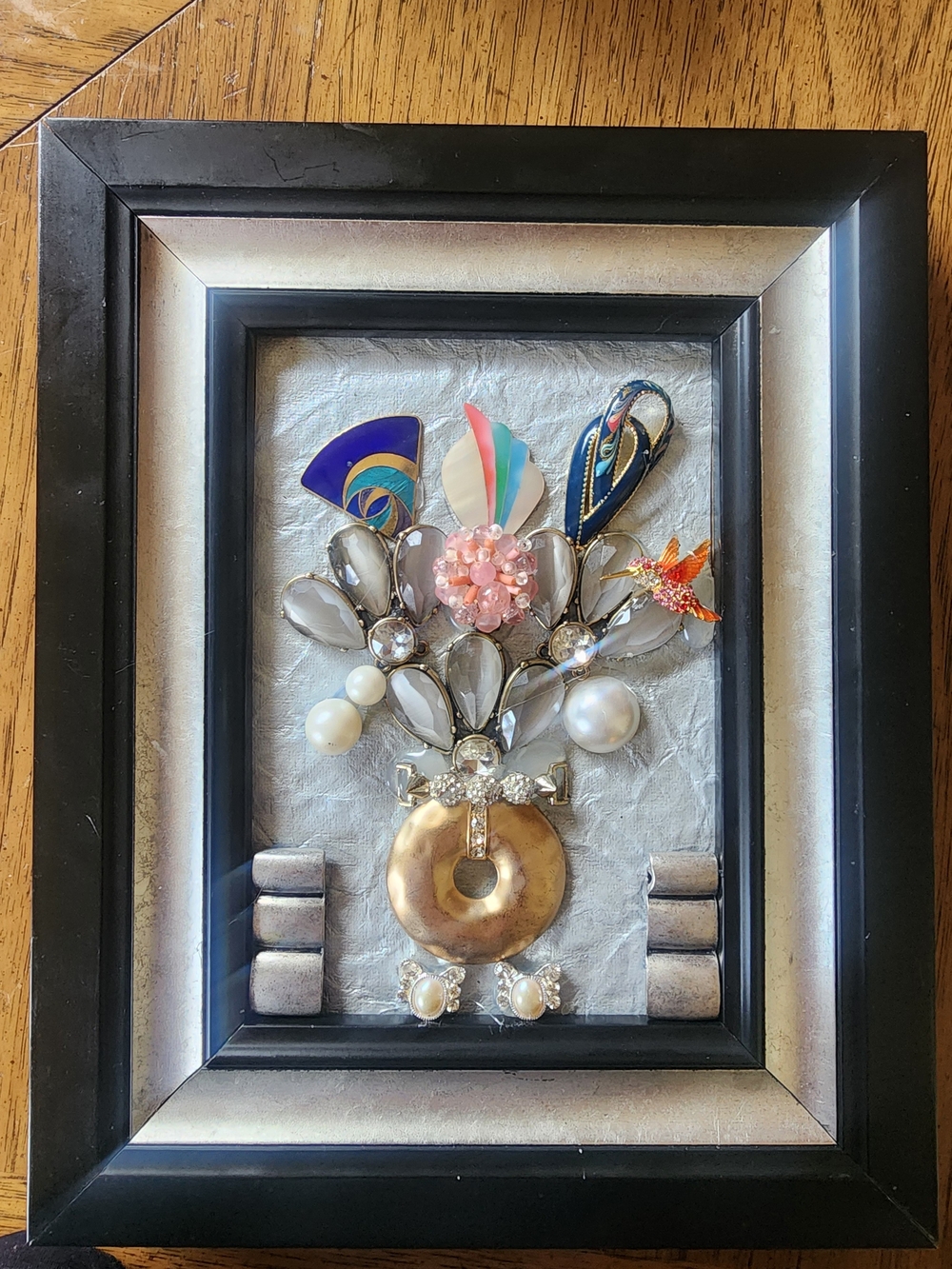Vintage Framed Jewelry Art - OOAK Hummingbird & Floral Bouquet Flowers Handmade